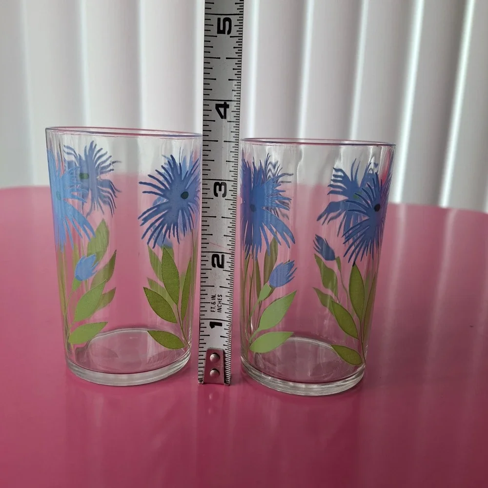 Vintage Swanky Swigs Blue‎ Cornflower Floral Juice Glasses Set of 2 Kraft MCM